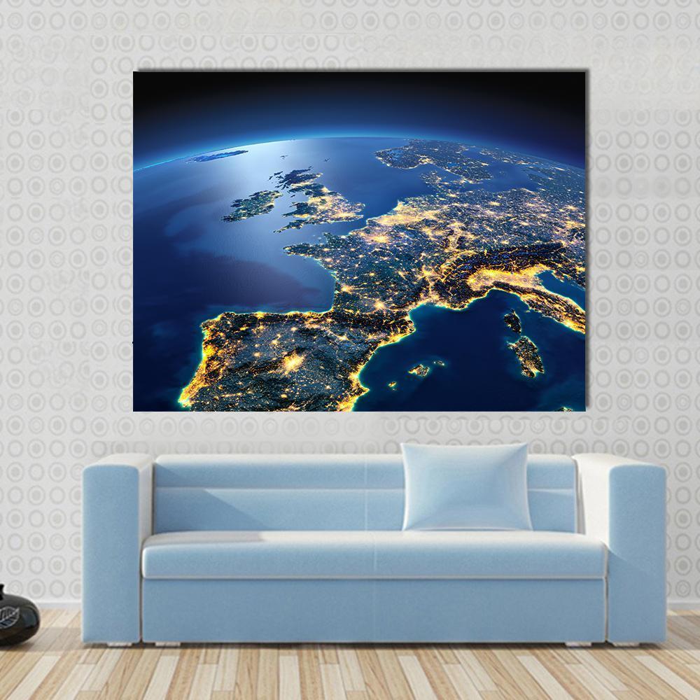 Planet Earth Night View Canvas Wall Art in black, gold and blue, single panel hung on a wall