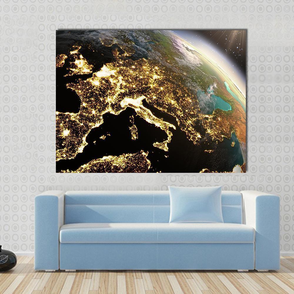 Europe from Space at Night Canvas Wall Art in black, gold and yellow, single panel hung on a wall