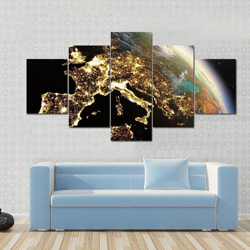 Europe From Space At Night Canvas Wall Art-5 Star-Gallery Wrap-62" x 32"-Tiaracle