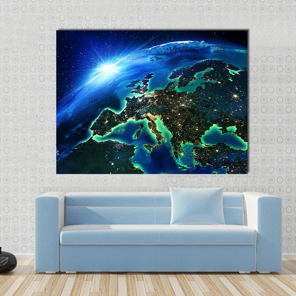 Europe from Space Canvas Wall Art in black, green and blue, single panel hung on a wall