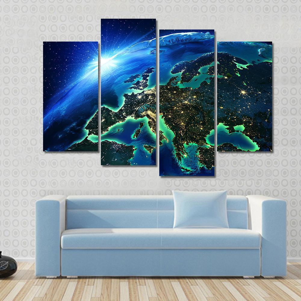 Europe from Space Canvas Wall Art in black, green and blue, 4 panel Pop layout hung on a wall