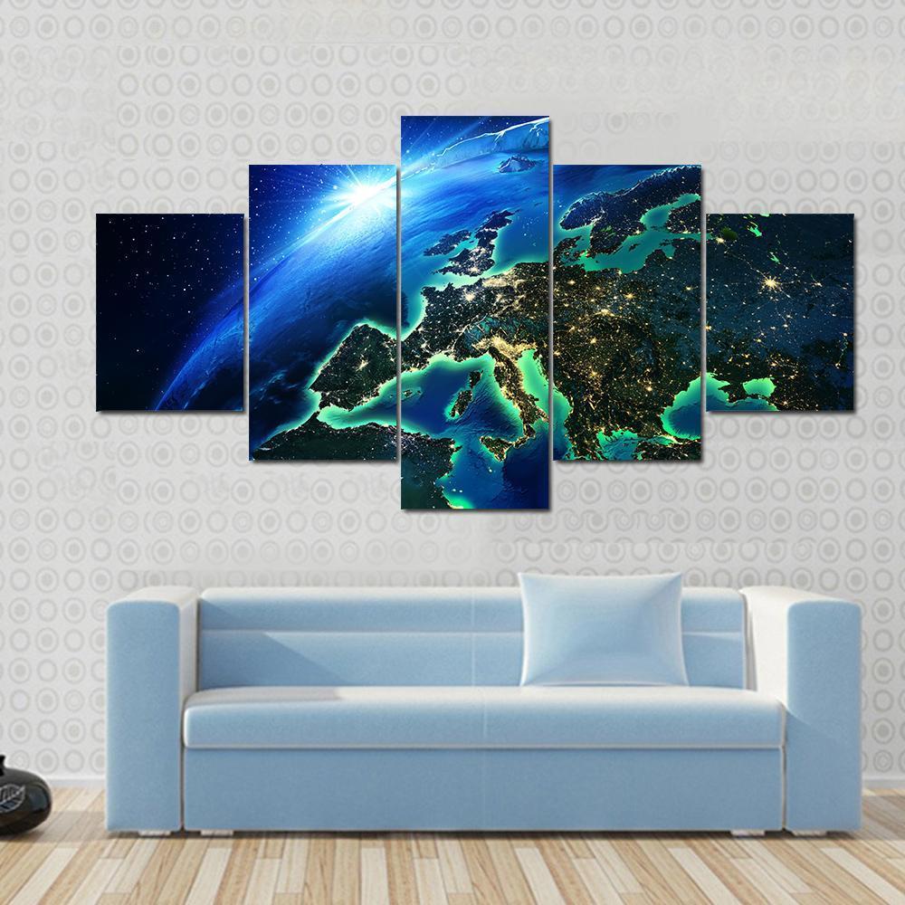 Europe from Space Canvas Wall Art in black, green and blue, 5 panel Star layout hung on a wall