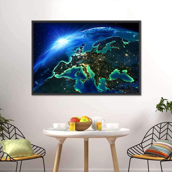 Europe from Space Canvas Wall Art in black, green and blue, framed canvas, product view on a white background