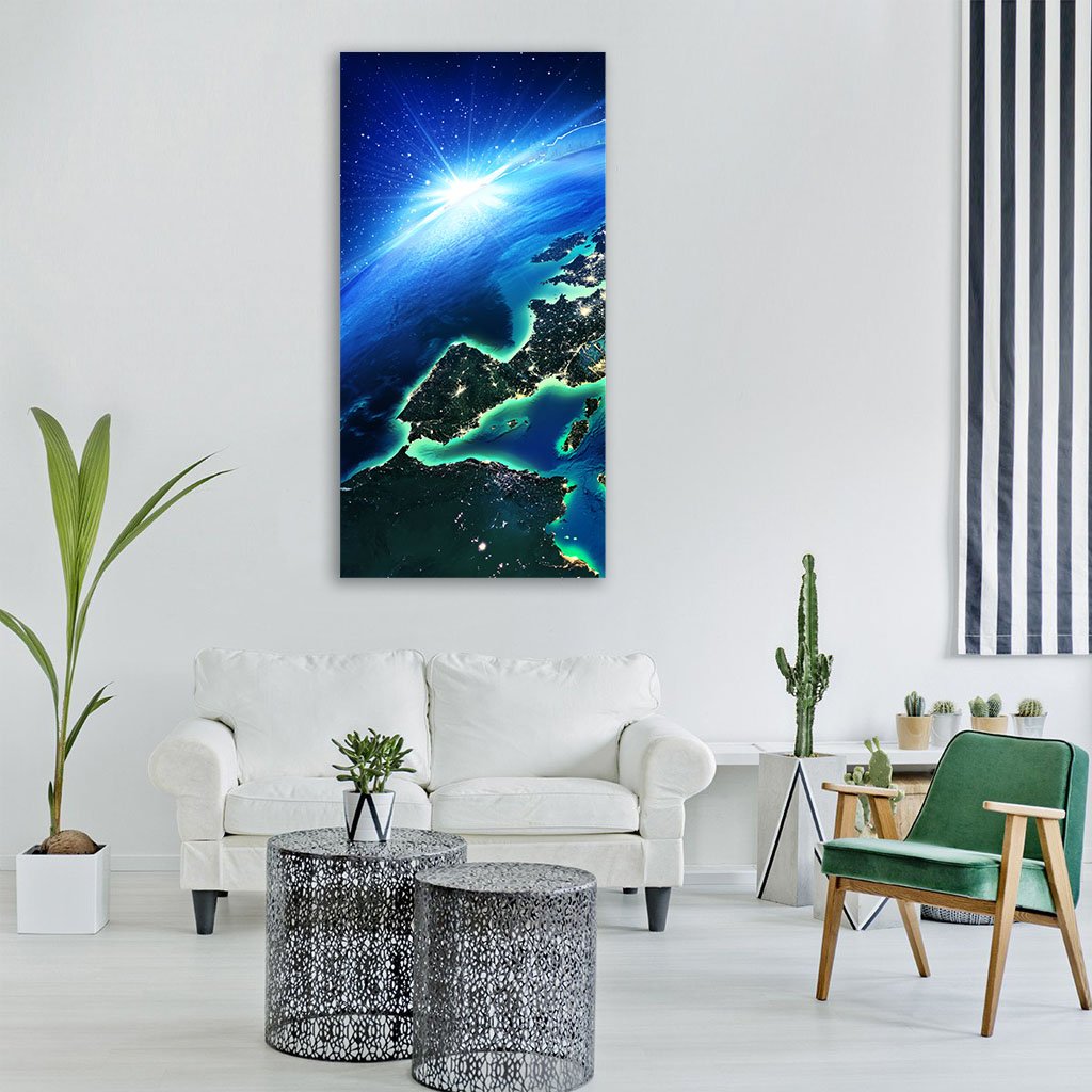 Europe and North Africa from Orbit Vertical Canvas Wall Art in black and blue, single vertical panel hung on a wall
