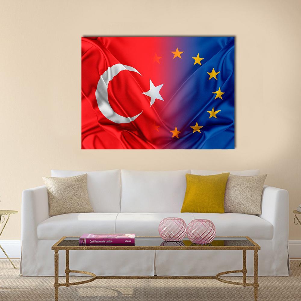 European Union and Turkey Flag Blend Canvas Wall Art in red, yellow and blue, single panel hung on a wall