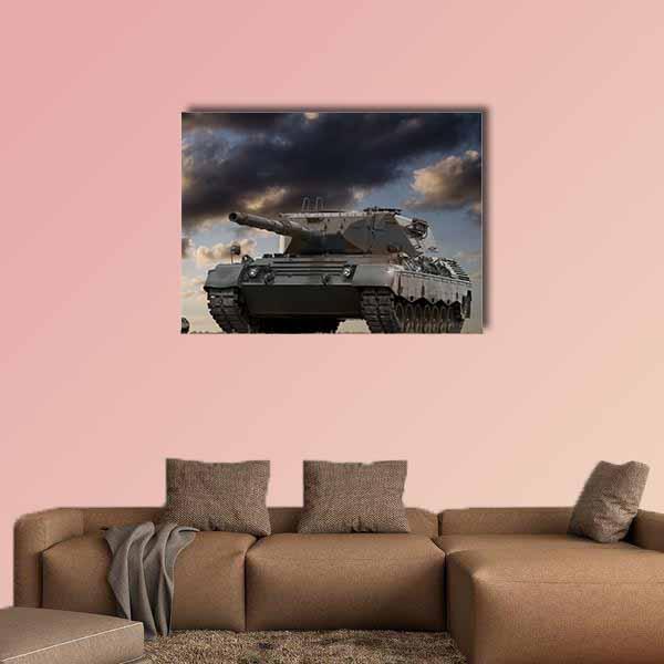 Leopard 1 Battle Tank Under Stormy Sky Canvas Wall Art in black, gray and blue, single panel hung on a wall