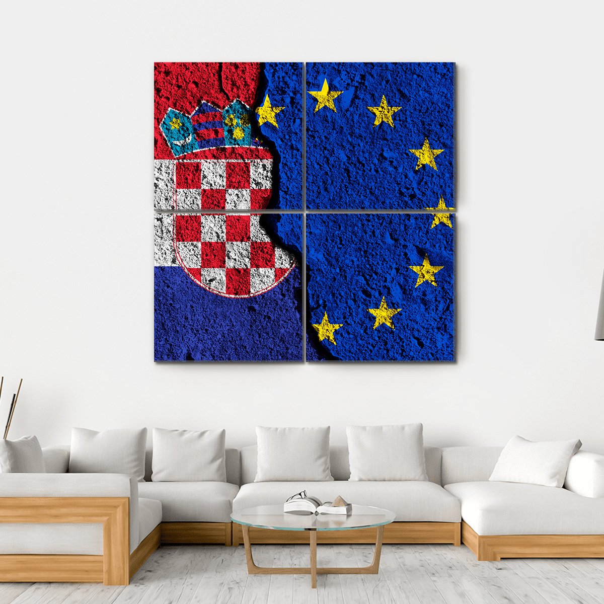 European Union And Croatia Flags Canvas Wall Art-4 Square-Gallery Wrap-17" x 17"-Tiaracle