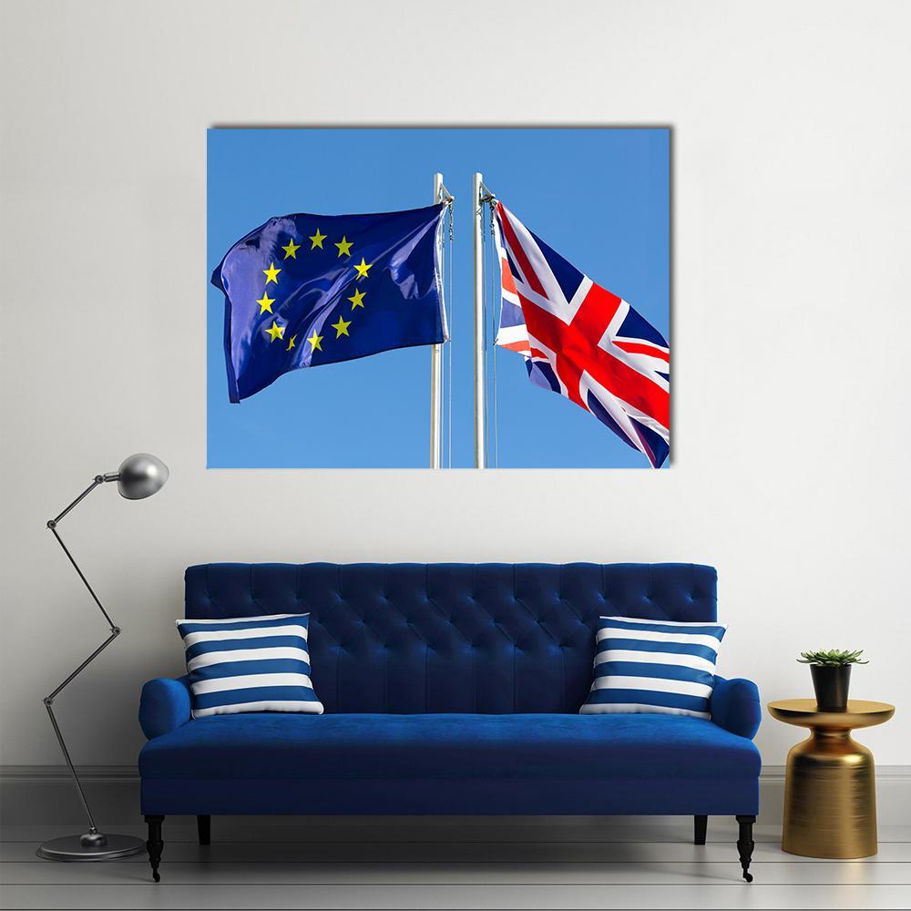 European Union and United Kingdom Flags Canvas Wall Art in white, red and blue, single panel hung on a wall