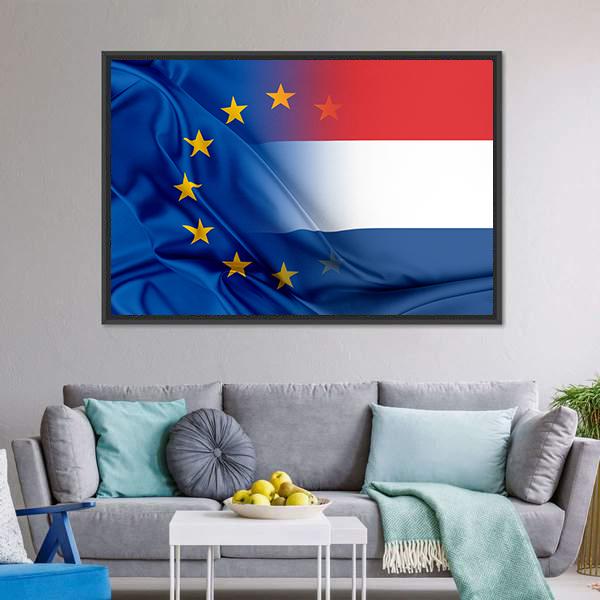European Union &amp; Netherlands Flag Canvas Wall Art-1 Piece-Floating Frame-36" x 24"-Tiaracle