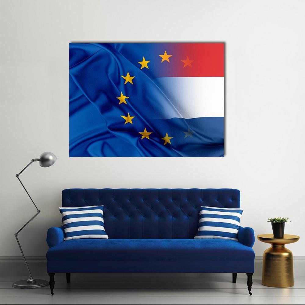 European Union and Netherlands Flag Overlay Canvas Wall Art in white, red and blue, single panel hung on a wall