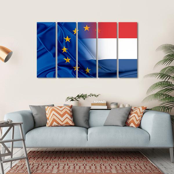 European Union &amp; Netherlands Flag Canvas Wall Art-5 Horizontal-Gallery Wrap-22" x 12"-Tiaracle