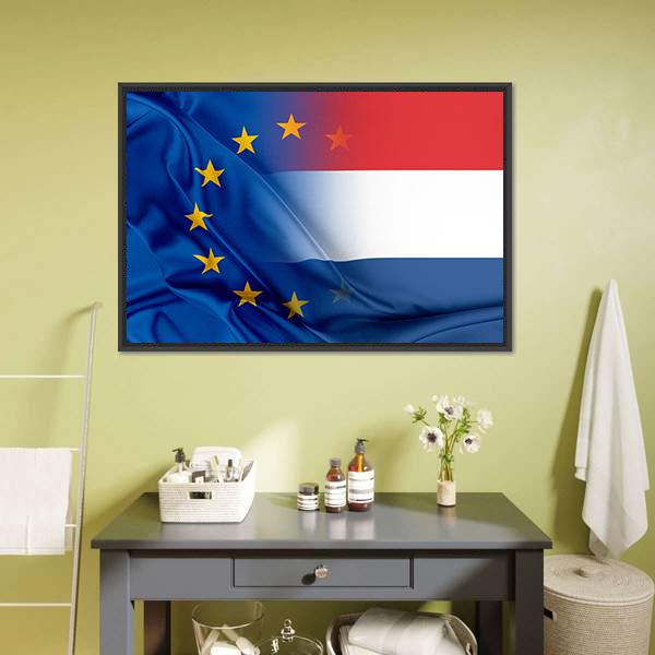European Union &amp; Netherlands Flag Canvas Wall Art-5 Horizontal-Gallery Wrap-22" x 12"-Tiaracle
