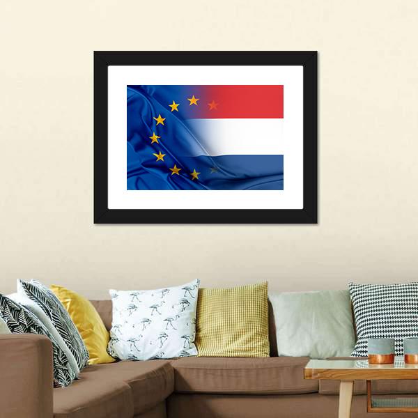 European Union &amp; Netherlands Flag Canvas Wall Art-5 Horizontal-Gallery Wrap-22" x 12"-Tiaracle