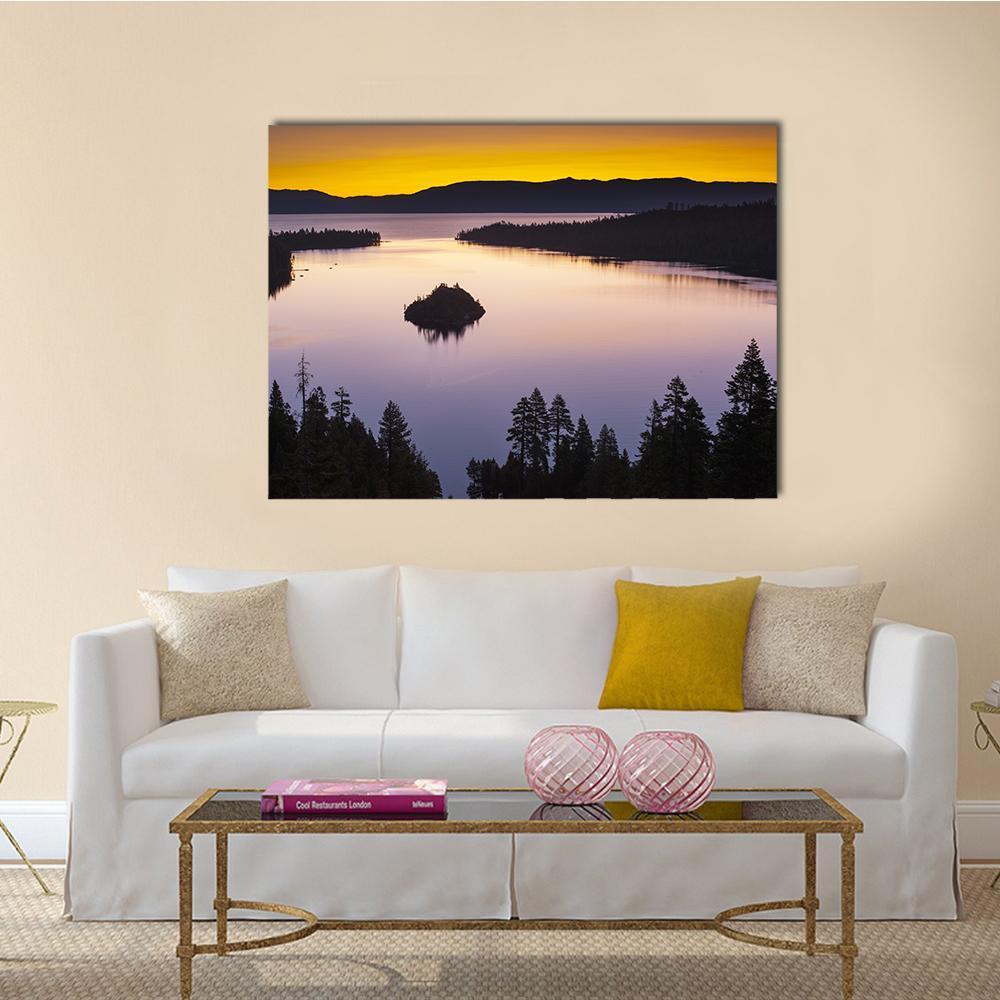 Evening at Lake Tahoe Canvas Wall Art in orange, yellow and purple, single panel hung on a wall