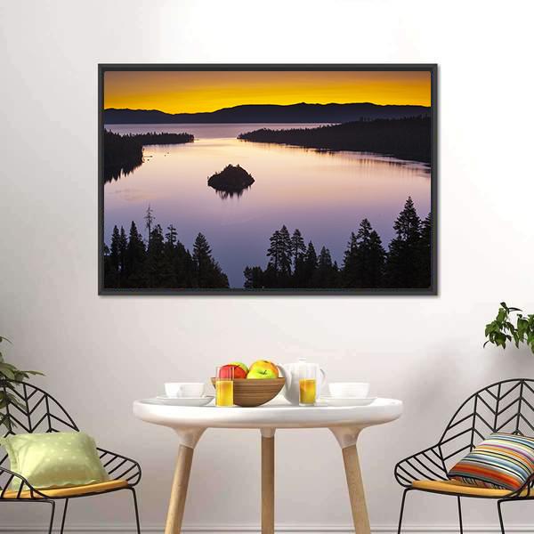 Evening at Lake Tahoe Canvas Wall Art in orange, yellow and purple, framed canvas, product view on a white background
