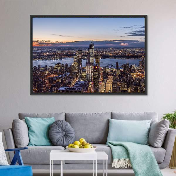 Evening At New York Cityscape Panoramic Canvas Wall Art-1 Piece-36" x 12"-Tiaracle
