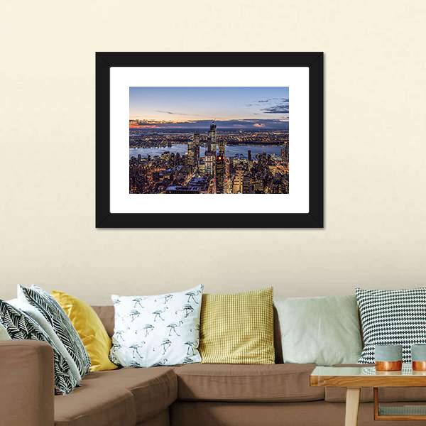 Evening At New York Cityscape Panoramic Canvas Wall Art-1 Piece-36" x 12"-Tiaracle