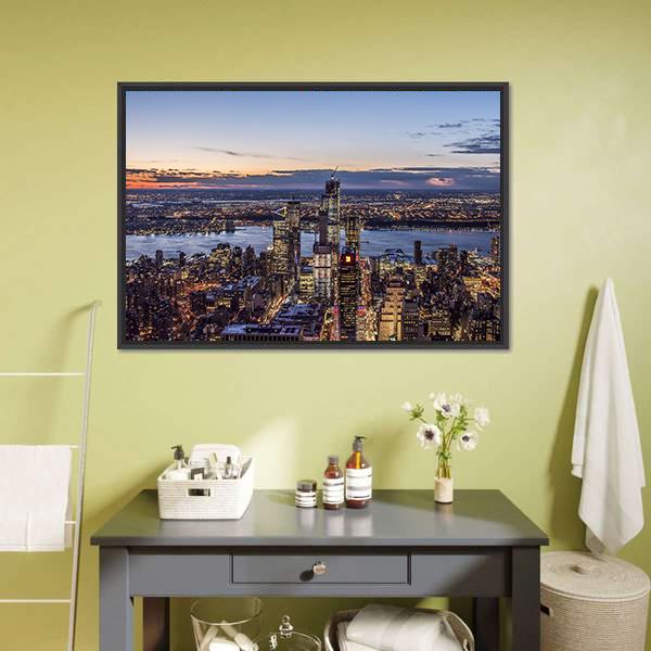 Evening At New York Cityscape Panoramic Canvas Wall Art-1 Piece-36" x 12"-Tiaracle