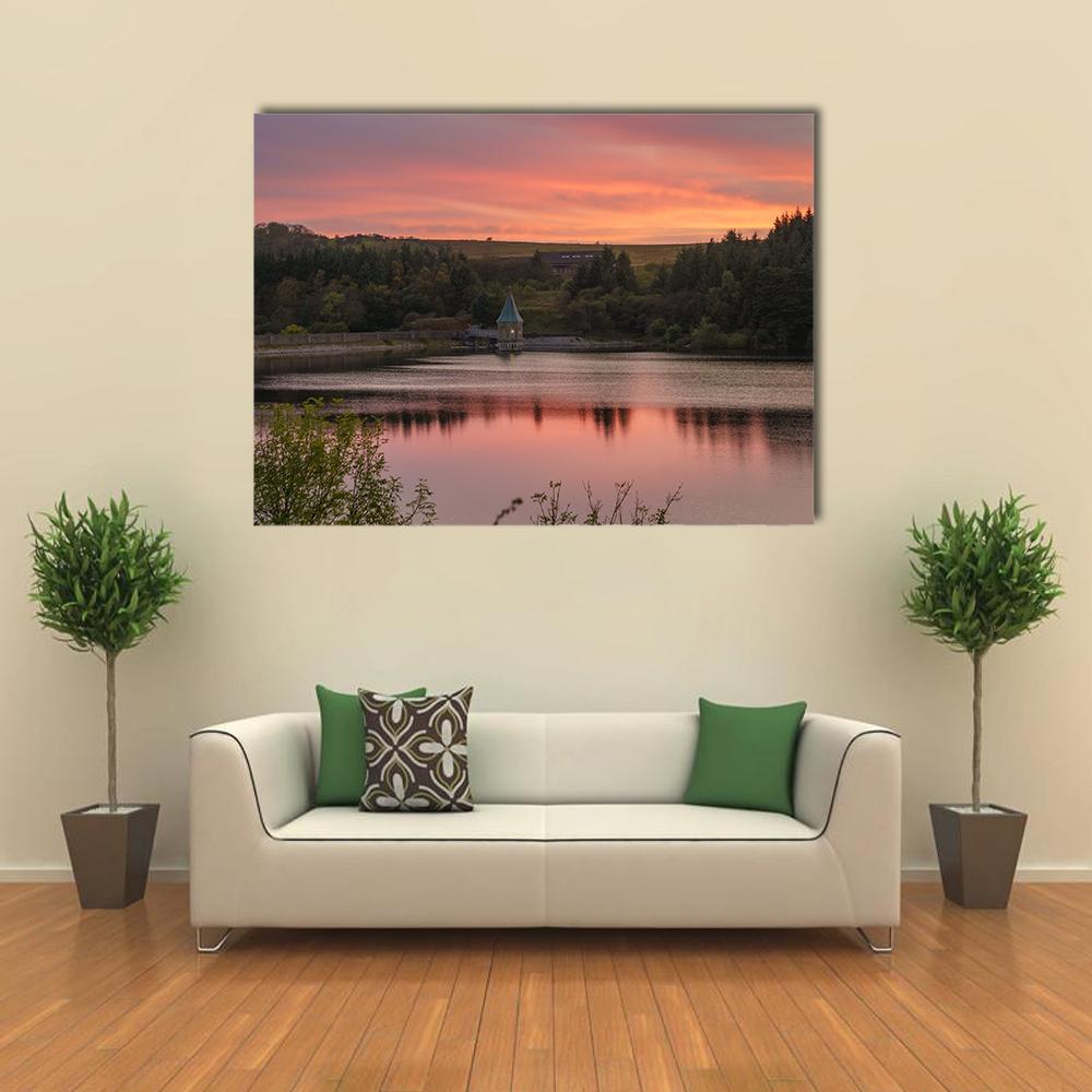 Sunset Over Reservoir with Tower Canvas Wall Art in gray, orange and pink, single panel hung on a wall