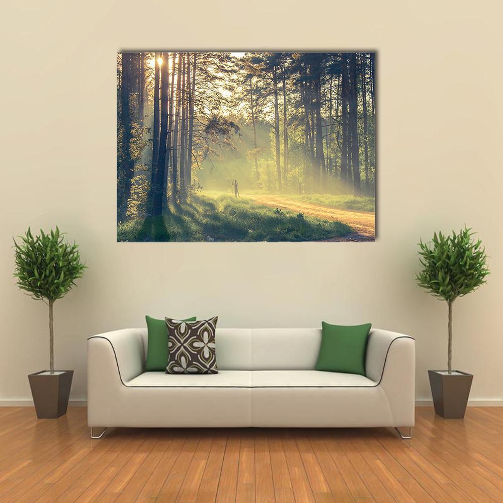 Evening Forest Path with Sunlight Canvas Wall Art in brown, yellow and green, single panel hung on a wall