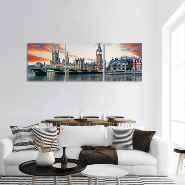 Big Ben and Palace of Westminster at Dusk Panoramic Canvas Wall Art in brown, orange and blue, hung on a wall