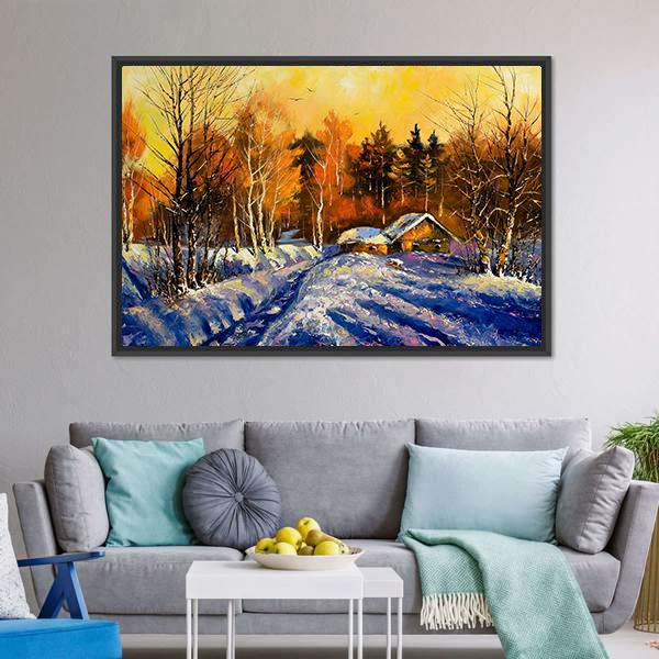 Evening In Winter Village Canvas Wall Art-5 Horizontal-Gallery Wrap-22" x 12"-Tiaracle