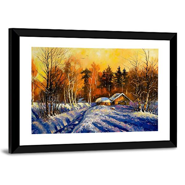 Evening In Winter Village Canvas Wall Art-5 Horizontal-Gallery Wrap-22" x 12"-Tiaracle