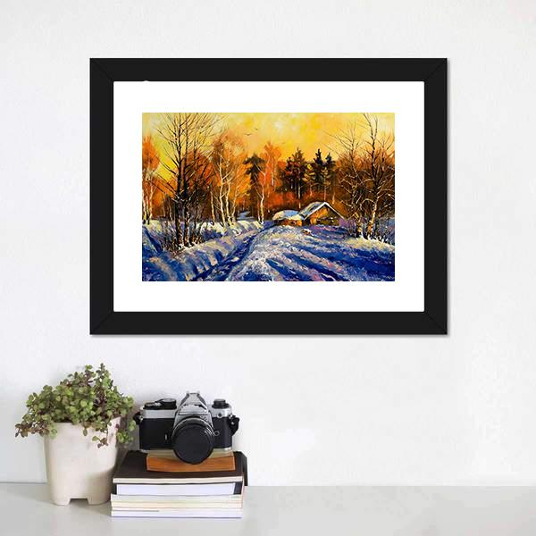 Evening In Winter Village Canvas Wall Art-5 Horizontal-Gallery Wrap-22" x 12"-Tiaracle