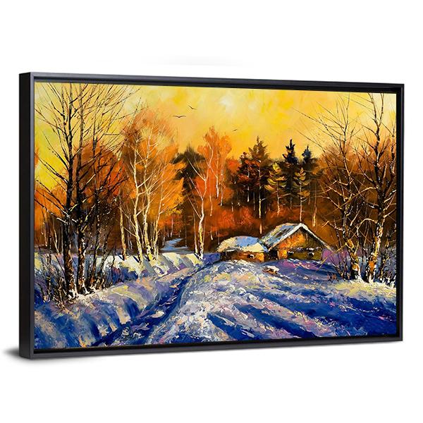 Evening In Winter Village Canvas Wall Art-5 Horizontal-Gallery Wrap-22" x 12"-Tiaracle