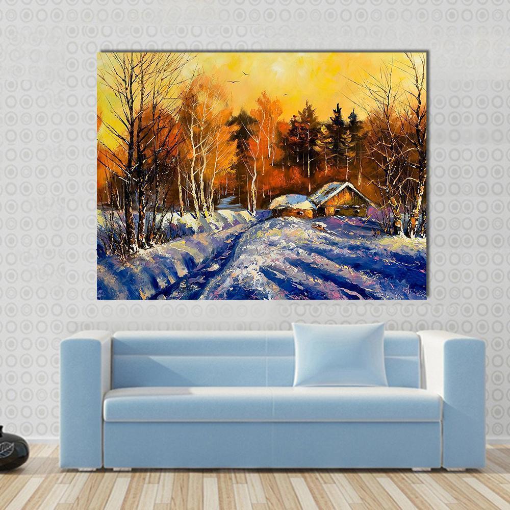 Evening in Winter Village Canvas Wall Art in orange, yellow and blue, single panel hung on a wall
