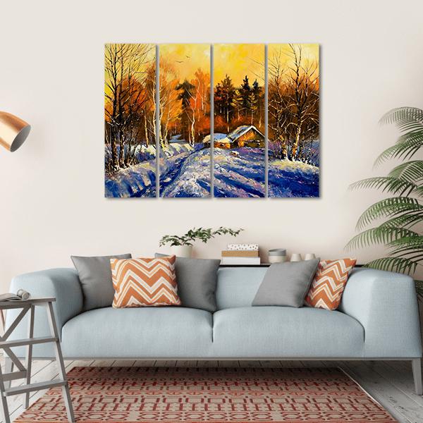 Evening In Winter Village Canvas Wall Art-4 Horizontal-Gallery Wrap-34" x 24"-Tiaracle