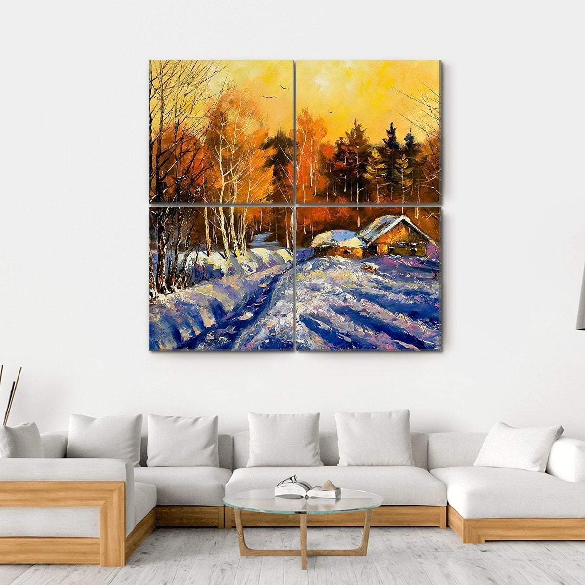 Evening In Winter Village Canvas Wall Art-4 Square-Gallery Wrap-17" x 17"-Tiaracle