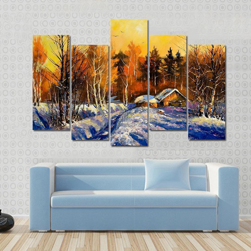 Evening In Winter Village Canvas Wall Art-5 Pop-Gallery Wrap-47" x 32"-Tiaracle