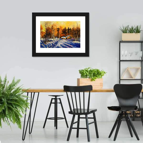 Evening In Winter Village Canvas Wall Art-3 Horizontal-Gallery Wrap-25" x 16"-Tiaracle