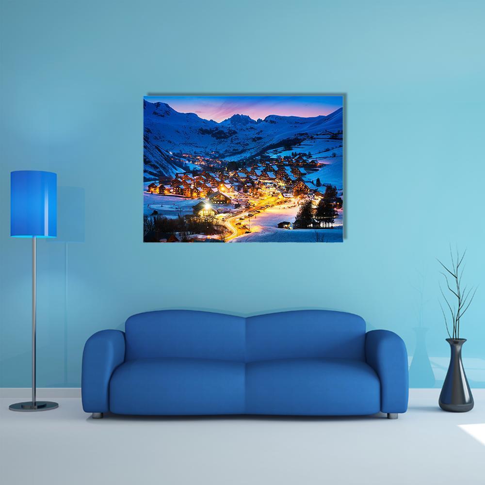 French Alps Ski Village at Twilight Canvas Wall Art in white, yellow and blue, single panel hung on a wall