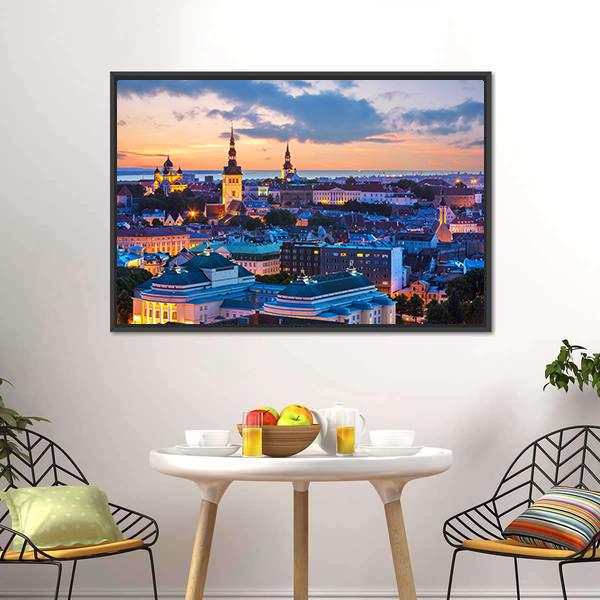 Evening Panorama Of Tallinn Canvas Wall Art-1 Piece-Floating Frame-24" x 16"-Tiaracle