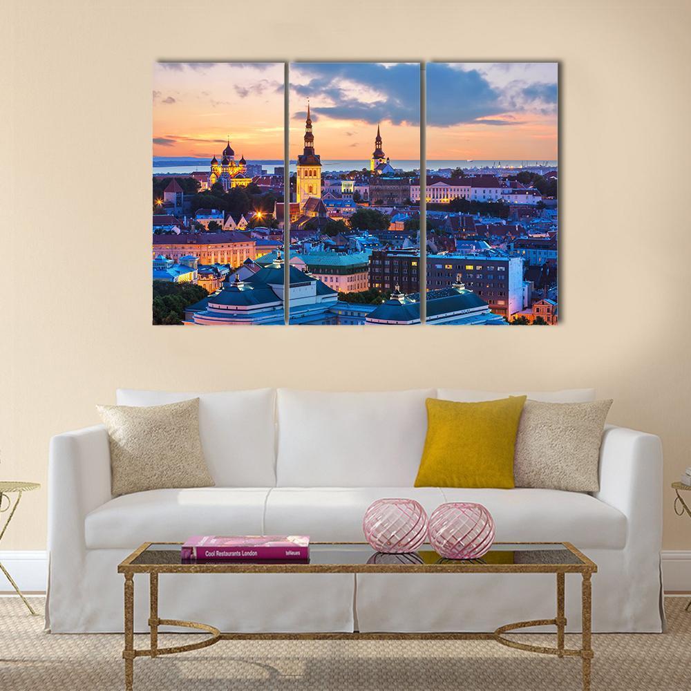 Evening Panorama Of Tallinn Canvas Wall Art-3 Horizontal-Gallery Wrap-37" x 24"-Tiaracle