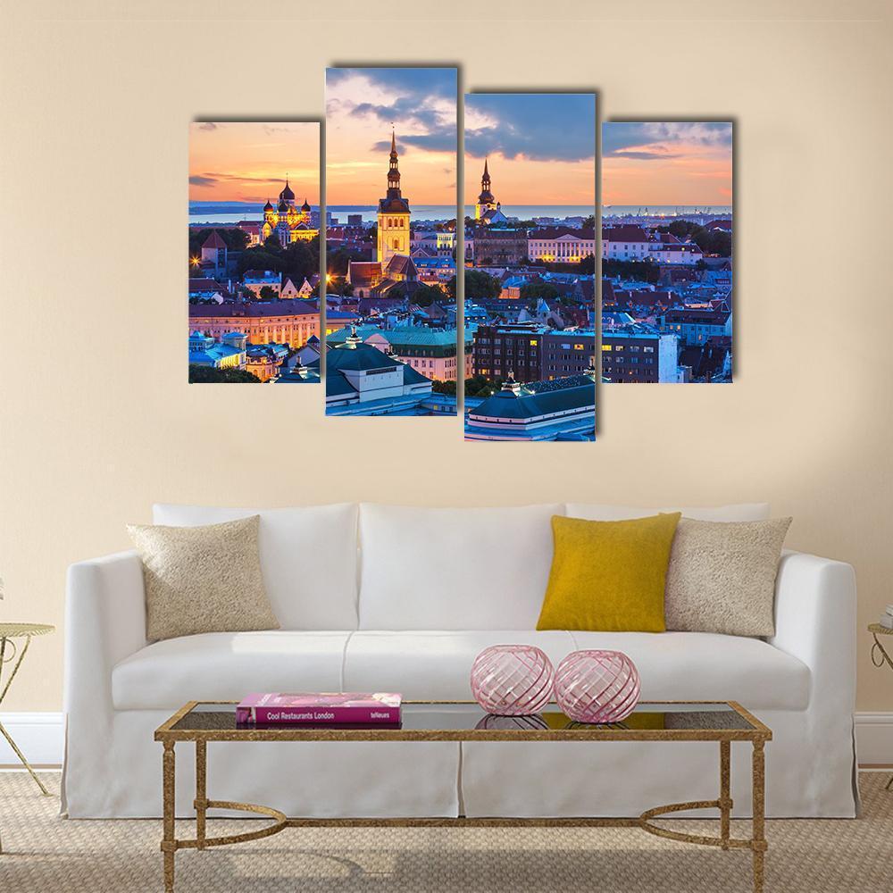 Evening Panorama Of Tallinn Canvas Wall Art-4 Pop-Gallery Wrap-50" x 32"-Tiaracle