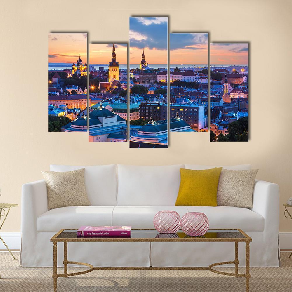 Evening Panorama Of Tallinn Canvas Wall Art-5 Pop-Gallery Wrap-47" x 32"-Tiaracle