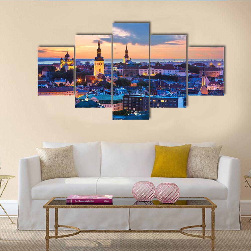 Evening Panorama Of Tallinn Canvas Wall Art-5 Star-Gallery Wrap-62" x 32"-Tiaracle