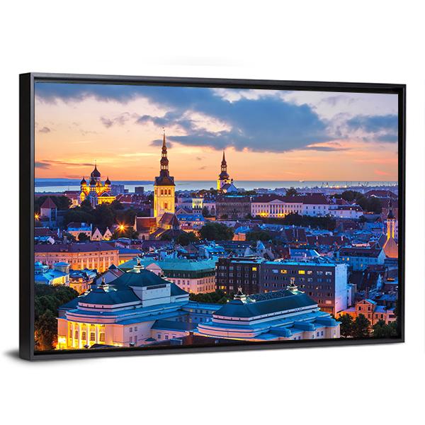 Evening Panorama Of Tallinn Canvas Wall Art-3 Horizontal-Gallery Wrap-25" x 16"-Tiaracle