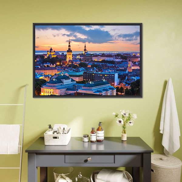 Evening Panorama Of Tallinn Canvas Wall Art-3 Horizontal-Gallery Wrap-25" x 16"-Tiaracle