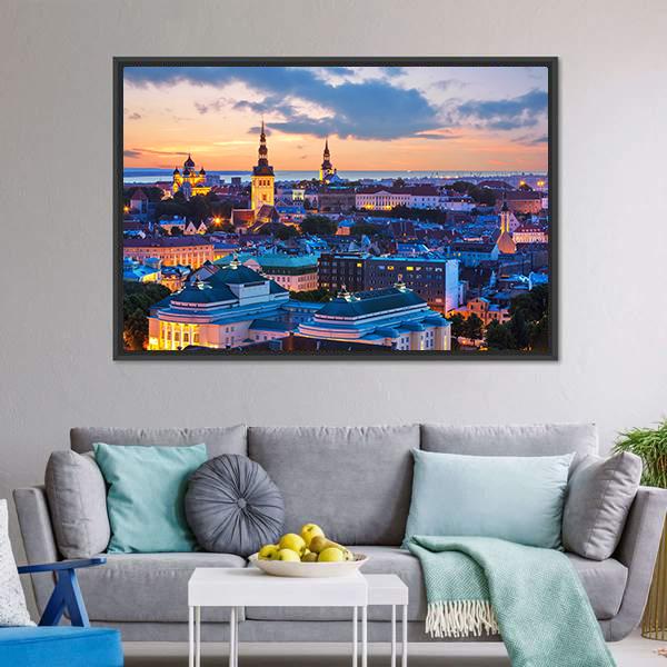 Evening Panorama Of Tallinn Canvas Wall Art-3 Horizontal-Gallery Wrap-25" x 16"-Tiaracle