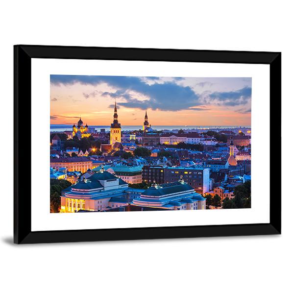Evening Panorama Of Tallinn Canvas Wall Art-3 Horizontal-Gallery Wrap-25" x 16"-Tiaracle