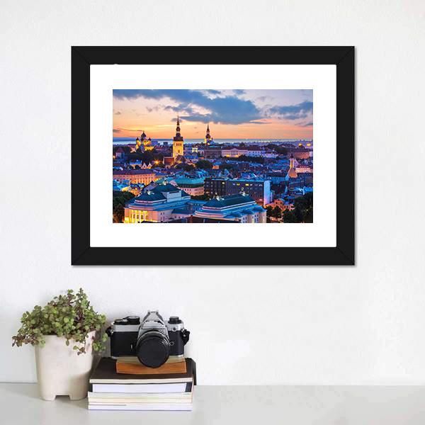 Evening Panorama Of Tallinn Canvas Wall Art-3 Horizontal-Gallery Wrap-25" x 16"-Tiaracle