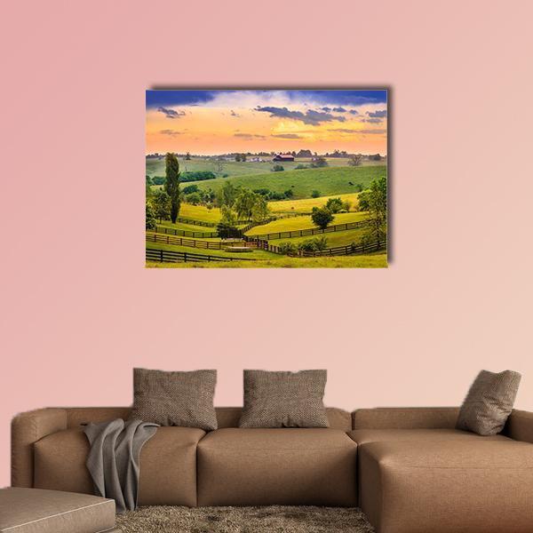 Kentucky Evening Farm Landscape Canvas Wall Art in orange, yellow and green, single panel hung on a wall