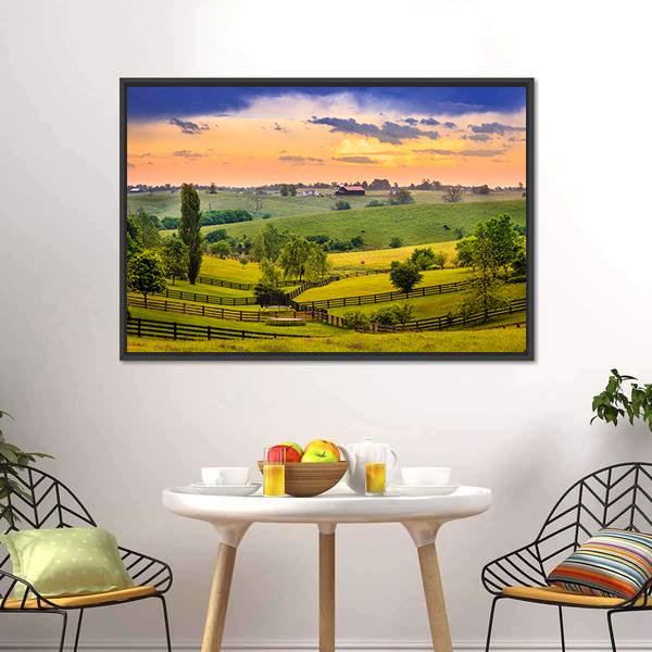 Kentucky Evening Farm Landscape Canvas Wall Art in orange, yellow and green, framed canvas, product view on a white background
