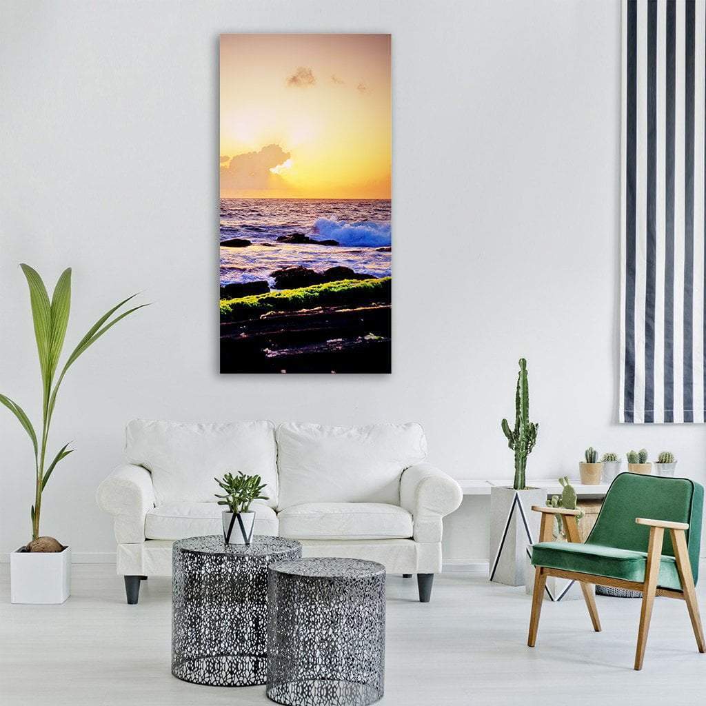 Sunset Over Sea Waves Vertical Canvas Wall Art-1 Vertical-Gallery Wrap-12" x 24"-Tiaracle