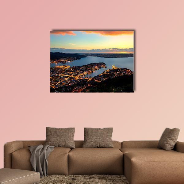 Bergen Harbor at Dusk Canvas Wall Art in black, orange and blue, single panel hung on a wall