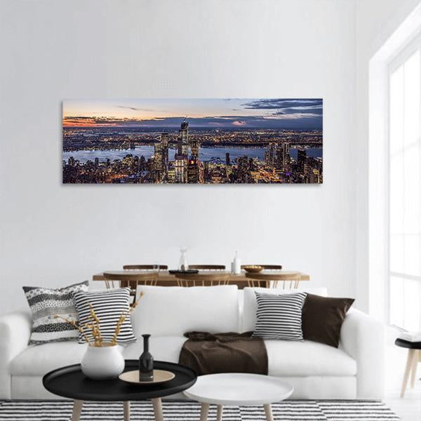 Evening At New York Cityscape Panoramic Canvas Wall Art-3 Piece-25" x 08"-Tiaracle